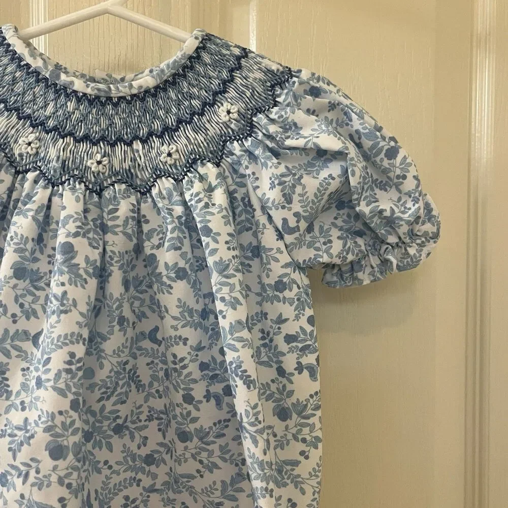 Sweet Dreams Blue Floral Birds Smocked Bubble Romper Girls Size 12 Months